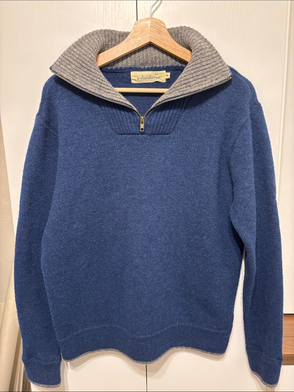 Men's Navy Blue Half-Zip Irish Wool Sweater with Gray Contrast - M